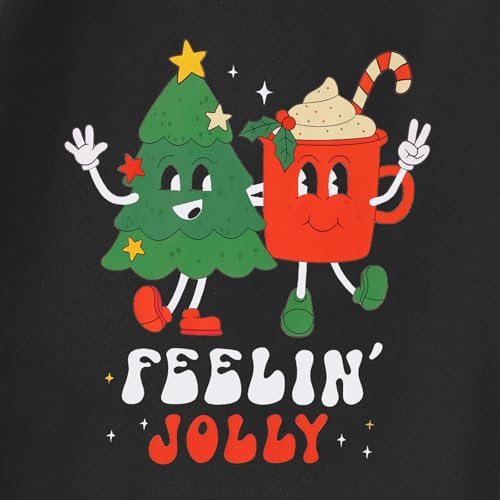 Image of Kids Christmas Shirts Girls Boys Feelin Jolly Long Sleeve T-Shirts Xmas Tree Hot Cocoa Graphic Tee Holiday Fall Tops