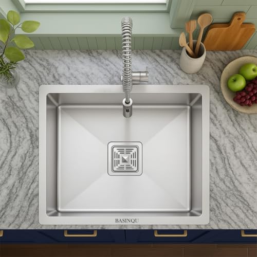 Image of BASINQU Kitchen Sink 18x16x10 Inch Handmade Single Bowl Sink for Kitchen Basin Brushed Matte Finish 304 Grade Stainless Steel Including Coupling Fruit Tray Hose Pipe Kitchen Sinks