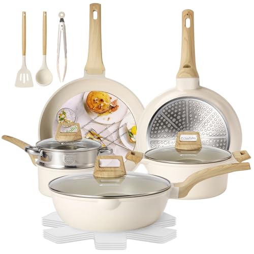 La Mejor Recopilación de Juegos de sartenes y ollas - los más vendidos. 39 CHEFOLLA Sartenes Antiadherentes 12 Piezas, Bateria de Cocina, Juego de Sartenes de Induccion, Juego de Ollas y Sartenes, Fácil Limpieza, con Sartenes y Cacerolas, Granito Blanco