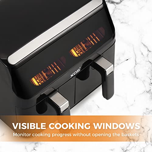 This is a picture of a product for sale called XDS 8-quart Dual Basket Air Fryer with Visible Cooking Windows,  6-in-1 Air Cooker for Roast,  Bake,  Dehydrate,  Reheat & more,  2 Independent Frying Baskets & Digital Touchscreen