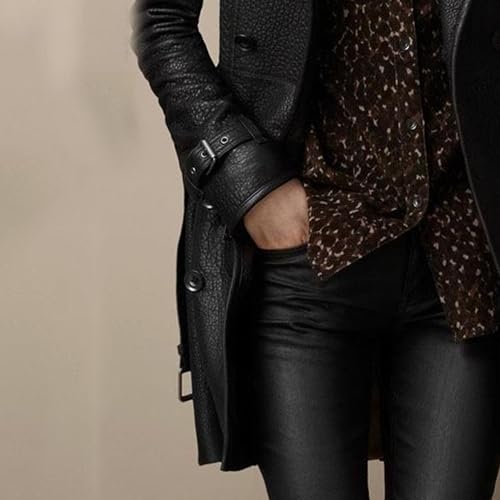 JEKE-DG Women's Faux Leather Slim Fit Winter Coat Mid-Length Belted Casual Coat Jacket Button Down Lapel Biker Coats2