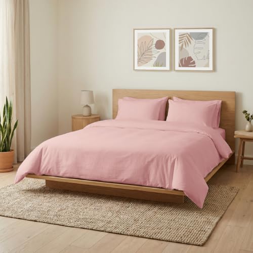 Image of Blue Dahlia 100% Cotton, Queen Size Bedsheet (90 inch x 100 inch) + 2 Pillow Covers, Percale Weave, 200TC Solid Premium Bedsheet, Colour: Soft Pink