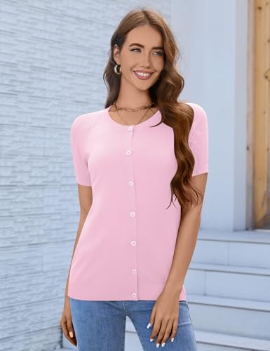 Image of FreshNight Women's 2025 Short Sleeve Cardigan Button Up Hollowed Out Crewneck Shrug Sweaters Knit Sweater Tops Lightweight