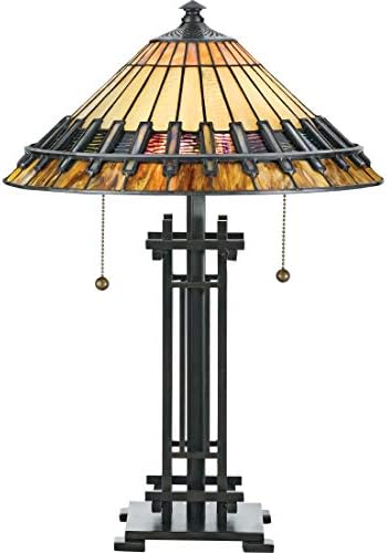 Quoizel Chastain 2-Light Black Table Lamp with Handcrafted Tiffany Glass, Classic Black Finish with Authentic Bronze Patina Desk Lamp, Traditional Style Tiffany Reading Lamp