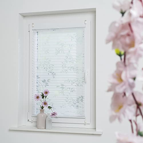 Klemmfix-Plissee mit ausgebranntem Äste-Motiv, halbtransparent, ohne Bohren oder Schrauben, inkl. Klemmträger, Breite: 100 cm/Länge: 130 cm, Farbe: weiß