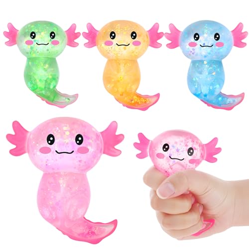 Kaisibum 4 Stück Axolotl Squishy Funkeln Witziges Squeeze Sensorische Anti Stress 4 Farbe Axolotl Tiere Spielzeug für Kinder und Erwachsene