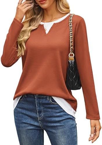 GRACE KARIN Fall Long Sleeve Shirts for Women, Waffle Knit Dressy Casual Tunic Tops, Fashion Color Block Work Blouses