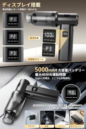 【家電批評ベストバイ受賞・業界最小サイズ】Gekwaii ハンディークリーナー 車用掃除機 4in1多機能 コードレス ミニ ハンディ掃除機 3段階モード ディスプレイ残量表示 最大40000PA強力吸引 長時間運転 Type-C充電 豊富なノズルセットパワフル ポータブル 小型 強力 低騒音 車内 家庭 掃除 ペット毛 布団 ソファ 隙間対応(ブラック)