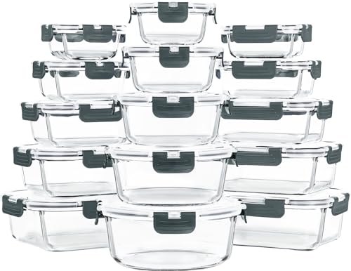 Skroam 30 Pieces Glass Food Storage Containers with Lids Airtight, Glass Meal Prep Containers Set...