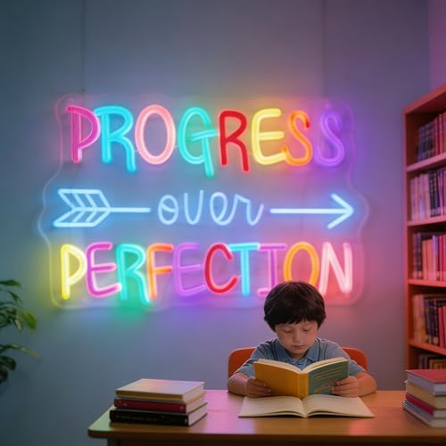Image of Progress Over Perfection Neon Sign, LED Neon Light Signs for Wall Decor Dimmable Inspirational LED Light Up Sign for Classroom Office Bedroom Library Study Room Kids Room Decorations
