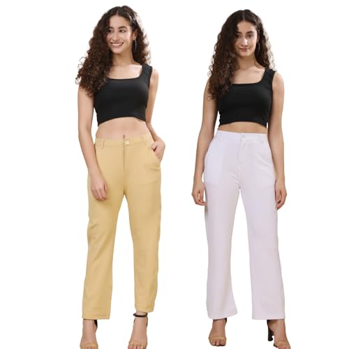 Image of Pack of 2 Women's Regular Fit Solid Cotton Blend Trousers - Soft, Breathable & Stretchable Bottom Wear for Office, Casual Outings & Daily Comfort