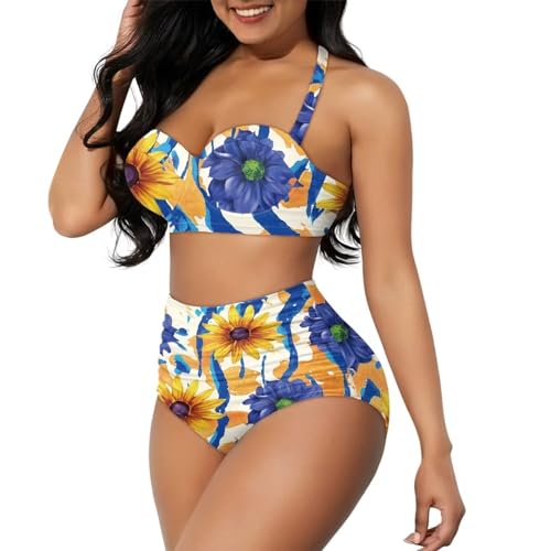 Suobstales Biquíni feminino de cintura alta, duas peças, push up, frente única, roupa de banho P-2GG