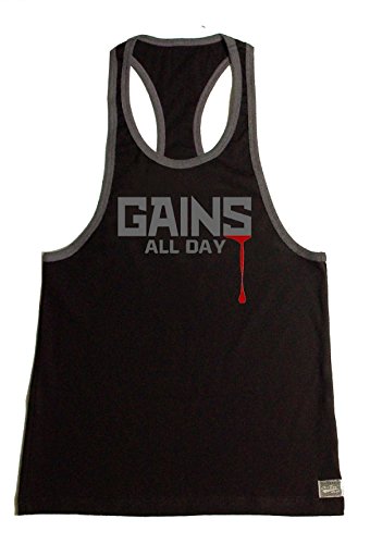 Men's Workout Bodybuilding Weight Lifting Stringer Gym Fitness Training Tank Top in Black with Gains All Day