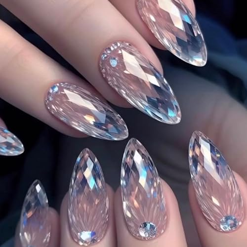 24Pcs Uñas Postizas Almendra Medianas, 12 Tamaños Francesas Adhesivas Uñas Bailarina Press on Nails con Pegamento Gelatina, Unas Falsas Naturales de Cobertura Completa para Mujeres Niñas (Brillantes)