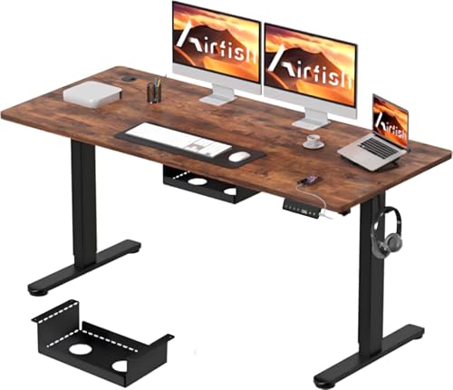 Airfish Electric Standing Desk with USB Charging Port，Ergonomic Computer Height Adjustable Desk with Cable Tray，Sit Stand Up Desk Rising Table for Home Office (Brown,140 x 70 cm)