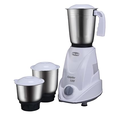 POLAR MIXER GRINDER MG-500 - SPYDER Mixer Grinder with 3 Jars (Liquidizing, Wet Grinding and Chutney Jar), Stainless Steel blades White Color