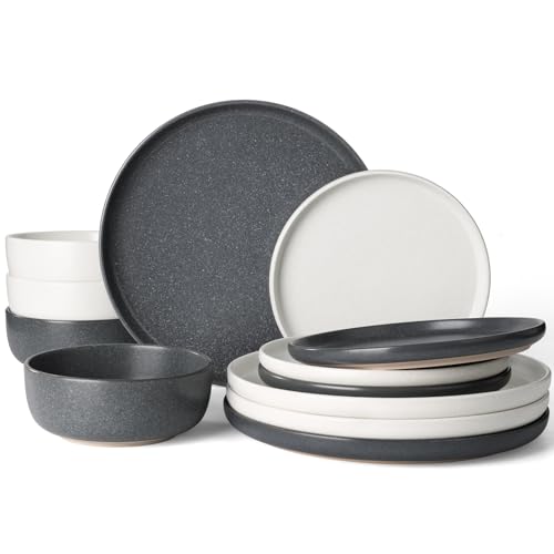 Image of Famiware Milkyway Plates and Bowls Sets, 12 Pieces Dinnerware Sets, Reactive Glaze Dish Set, Stoneware Dishes Set for 4, Matte Beige White & Matte Dark Charcoal