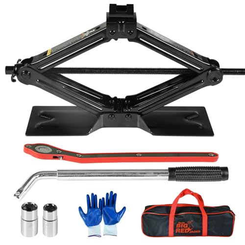 Image of Big RED Car Jack 2Ton /4409 lbs Universal Scissor Jack with Rubber Pad, Portable Tire Changing Kit with Lug Wrench, Emergency Kit for Sedan SUV MPV