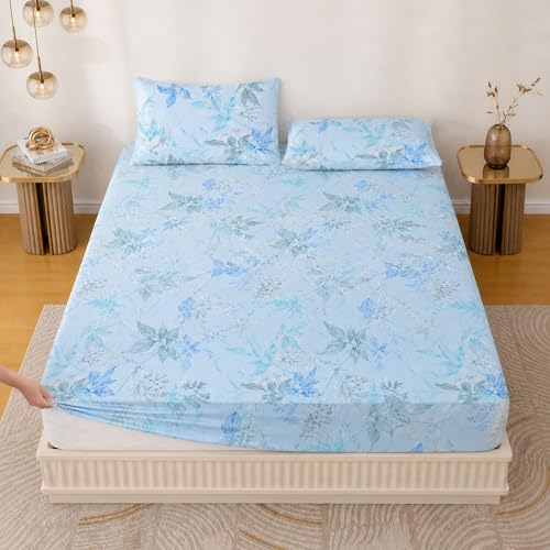 Image of Jaipur Weaves Queen Size Fitted Bedsheet Cotton with Elastic, 100% Pure Cotton Double Bed Fitted Sheet with 2 Pillow Covers, 240 TC, 60x78 Inches up to 8-inch Mattress, Floral Design - (Aqua Floral)