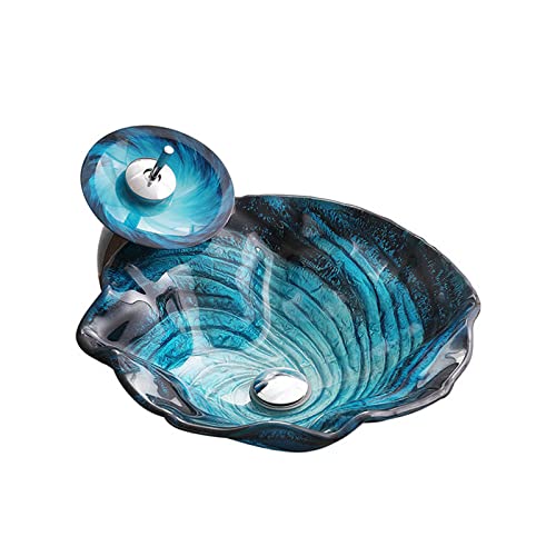 Lavandino da appoggio per Bagno, Nero Blu, in Vetro temperato Vortex, Installazione su Piano, lavandini per Mobile da Bagno, lavabo Artistico con Rubinetto a Cascata in Ottone, Cromato Pop U