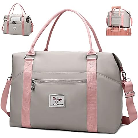 FIORETTO Womens Sports Gym Tote Bag Duffle Bag with Wet Pocket, Travel Bag Weekend Overnight Bags with Removable Strap, Water-Resistant Carry On Bag Hospital Holdalls for Women Grey&Pink Cover