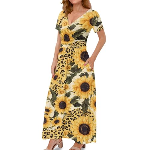 Image of Women's Fall Summer Short Sleeve Ankle Length V-Neck Party Dress with Pockets Size S-3XL