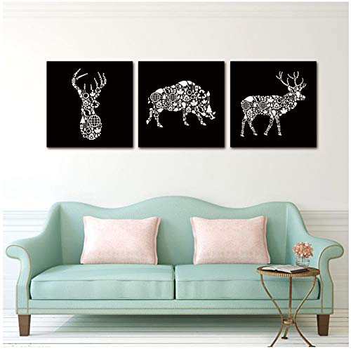 HSFFBHFBH Toile Peinture Mur Art Photos 3 pcs Imprimer sur Creative Blanc Cerf Tête Sanglier Art Moderne Abstrait Atelier Studio Chambre 70x70 cm (28x28 Pouce) x3 sans Cadre
