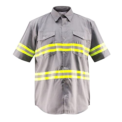 Premium High Visibility Hi Vis Reflective Safety Work Shirts - Short Sleeve (Large, Light Grey)