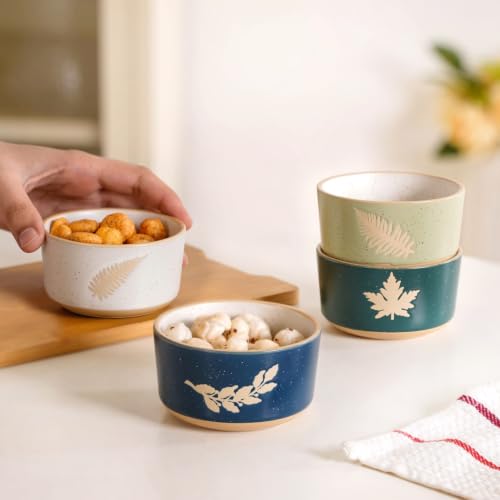 Image of Nestasia Ceramic Snack Bowl Set of 4 (180ml Each) - Dishwasher & Microwave Safe Bowls for Serving Soup, Rice, Dal, & Salad | Spring Leaf Printed Bowls with Matte Finish - Ideal for Gifting