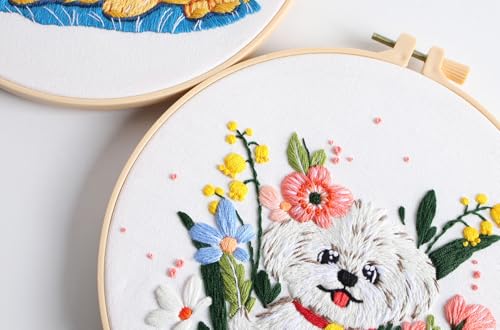 Image of Konrisa 3 pcs Dog Flower Embroidery Kits for Beginners, Needlepoint Cross Stitch Kits with Pattern, DIY Sewing Practice Kit, Include 1pcs Hoop