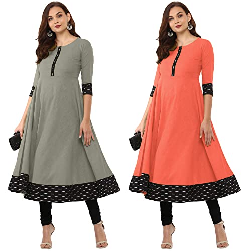 Image of NATEK Plain Cotton Anarkali Dress Tops for Girls Women - Combo Set of 2 Grey, Peach Color X-Large Size