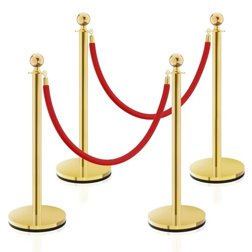 Lot de 4 barrières de sécurité avec corde rouge de 1,5 m et poteaux robustes de balisage
