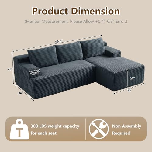 Image of 96.1 inch Modular Sectional Sofa Couches L-Shape Couch 3 Seat Modular Sofa Corduroy Memory Foam Sectional Boneless Couches for Living Room, Cloud Couch with Oversized Chaise(Dark Gray, Right Facing)