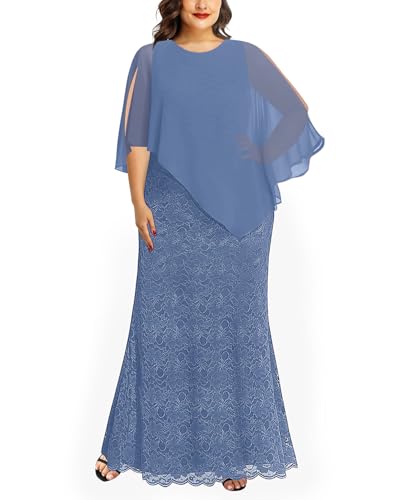 Image of Women's Plus Size Cape Dress with Chiffon Overlay Gown Formal Evening Lace Long Mermaid Dresses 2024