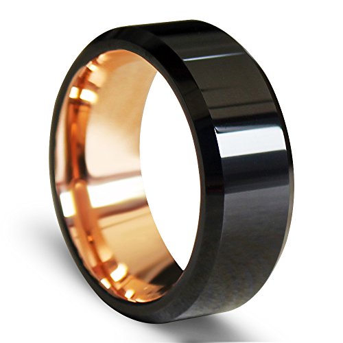 EZreal Will Queen 8mm Black Polished Beveled Tungsten Carbide Rings with Rose Gold Plated Interior 10.5