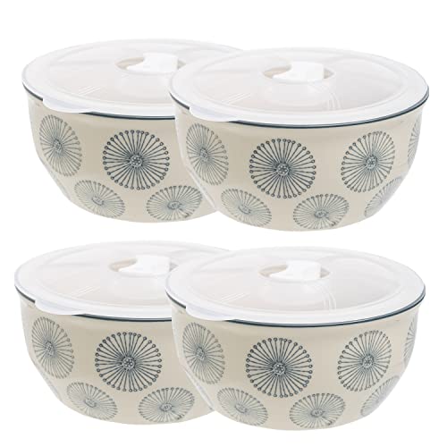 Tranquillo 4er Set Schüssel Art Deco handgestempelt aus Steinzeug, Silikondeckel, stilvolle und praktische Aufbewahrung für Lebensmittel grau, 13 cm