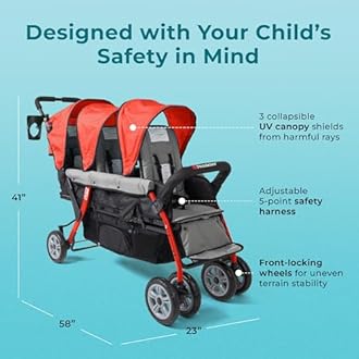 Gaggle by Foundations Compass 3 Seat Stroller | Triple Stroller for Infant and 2 Toddlers | Foot Brake | Shock-Absorbing All-Terrain Wheels | Easy Folding | Red