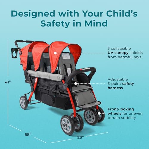 Gaggle by Foundations Compass 3 Seat Stroller | Triple Stroller for Infant and 2 Toddlers | Foot Brake | Shock-Absorbing All-Terrain Wheels | Easy Folding | Red