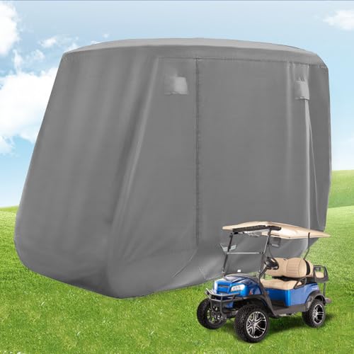 CLUBRALLY Golf Cart Cover with Doors and Reflective Stripes, 620D Waterproof Golf Cart Cover 2/4 Passenger for Club Car, EZGO, Yamaha Golf Carts - Grey
