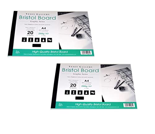2 x A4 Bristol Board Pads by Vesey Gallery. 40 Sheets of White Ultra Smooth 250gsm Board
