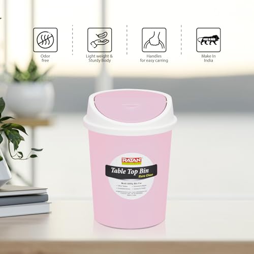 Image of RATAN PLASTICWARE Euro Clean Table Top Small Mini Dustbin with Swing Lid for Study Table, Desk, Kitchen Sink, Car, Kids Room| Compact and Stylish Waste Storage Garbage Bin - 1.5 Litre, Pink