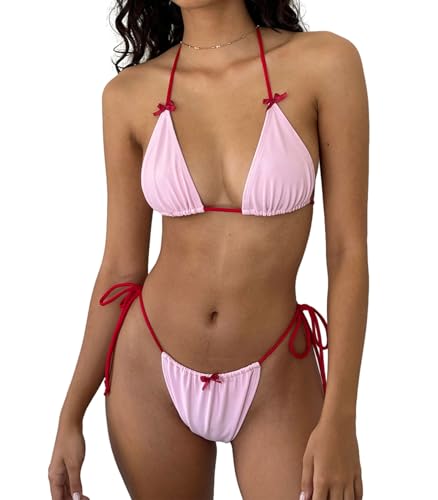 Women's Sexy Halter Two Piece Bikini Set with Bowknot Tie Sides Thong Triangle Brazilian Bikini Swimsuits Low Waisted Strappy Bathing Suit (Z1 Pink, M)