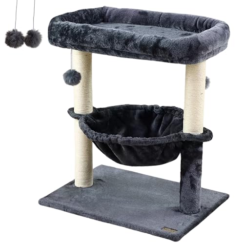 HUSPET 24-inch Cat Tree for Indoor Cats & Kittens – Multi-Level Cat Tower with Hammock & Scratching Post – Sturdy Perch for Large Cats – Space-Saving Small Cat Bed (Dark Gray)