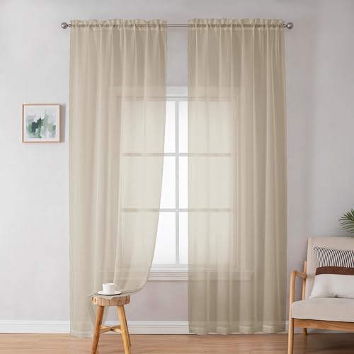 Image of OWENIE Taupe Sheer Curtains 84 inches Long for Bedroom Living Room 2 Panels Set, Rod Pocket Solid Taupe Curtain, Soft Touch Elegant Voile Curtains & Drapes for Nursery, 42 inchx84 inch, 2 Pcs