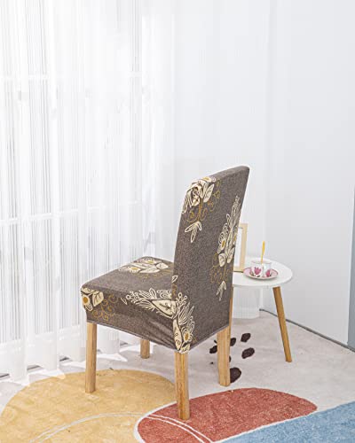 Image of House of Quirk Elastic Chair Cover Stretch Removable Washable Short Dining Chair Cover Protector Seat Slipcover (Pack 4, Beige Brocade), Polyester