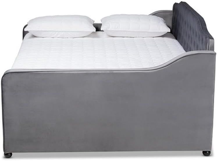BOWERY HILL Velvet Button Tufted Full Size Wood Daybed, Grey Upholstery, Foam Padded Frame, Sloping Arms, Cut-Out Back Panel, Black Ball Feet, Platform Bed, Dimensions: 83.27" W x 57.48" D x 39.37" H