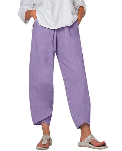 Cotton Linen Capri Pants Summer Printed Casual Cropped Palazzo Lounge Pants Trendy Comfy Baggy Trousers with Pockets