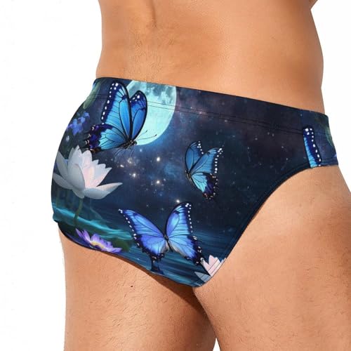 Blue Butterflies Moon Printed Swim Briefs for Men Sexy Bikini Swimwear Elastic Beach Trunks Bathing Suit4