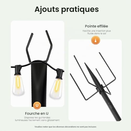 ALFORZAN Lot de 4 tringles lumineuses de 3 m avec fourche, mâts lumineux suspendus pour extérieur, poteaux, poteaux, support pour terrasse, décoration de jardin, fête et Halloween (noir) – vue 3