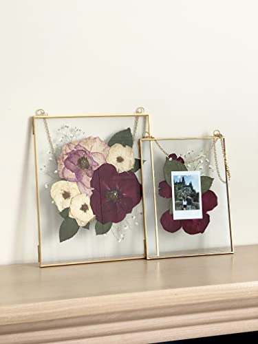 Double Glass Frame for Pressed Flowers, Leaf and Artwork - Set of 2 Hanging Picture Frames, Tempered Glass Floating Pressed Flower Frames, Large Rectangular Wall Decor Photo Display, Clear Metal Glass Frames with Chain (8x10, Gold)
